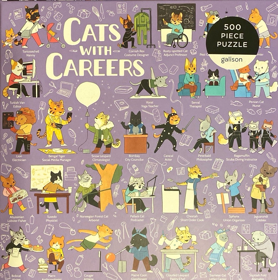 A whimsical illustration of various cats with human professions against a purple background.