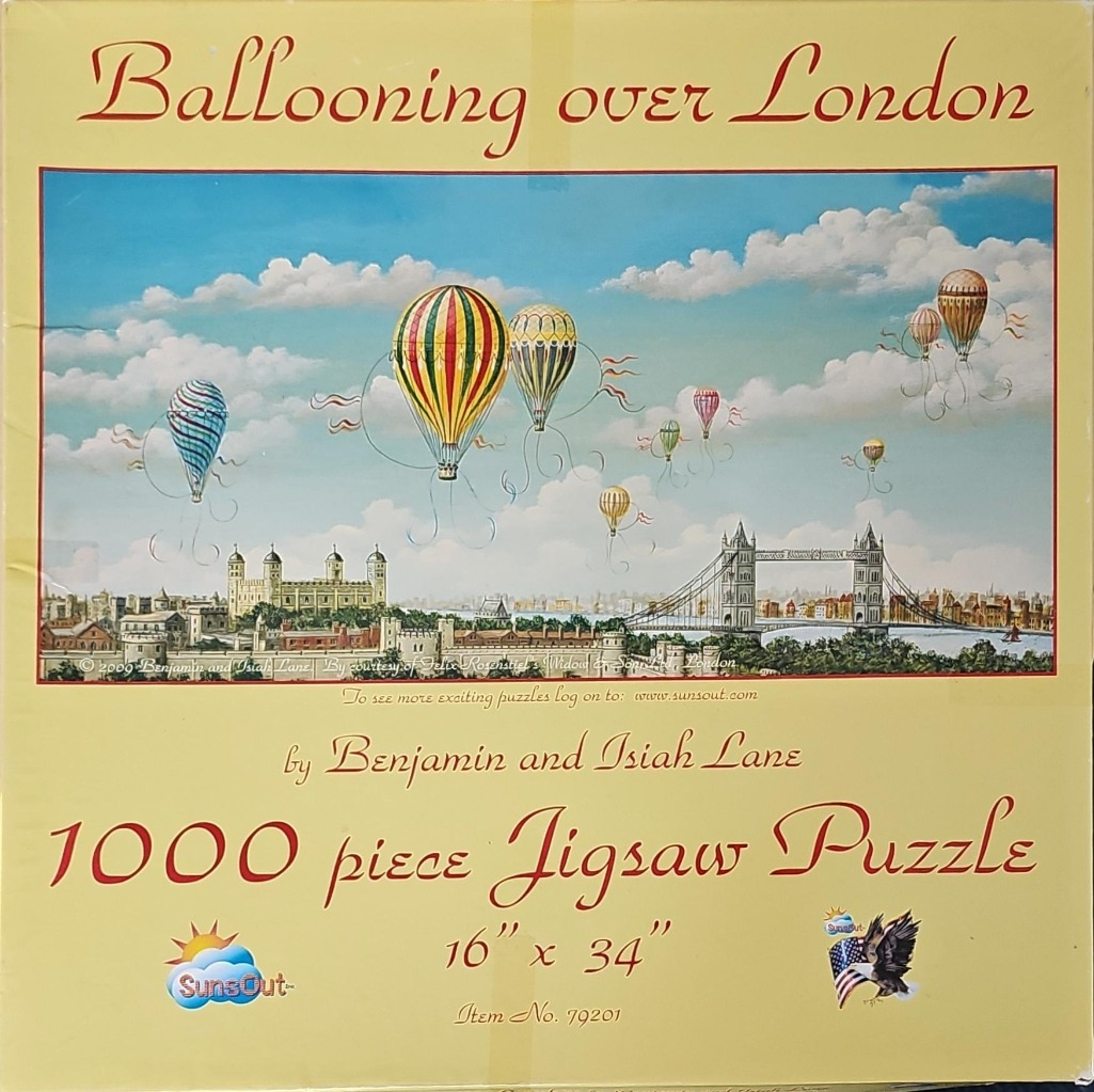 Painting of Victorian-style hot air balloons flying over the Tower of London and Tower Bridge.