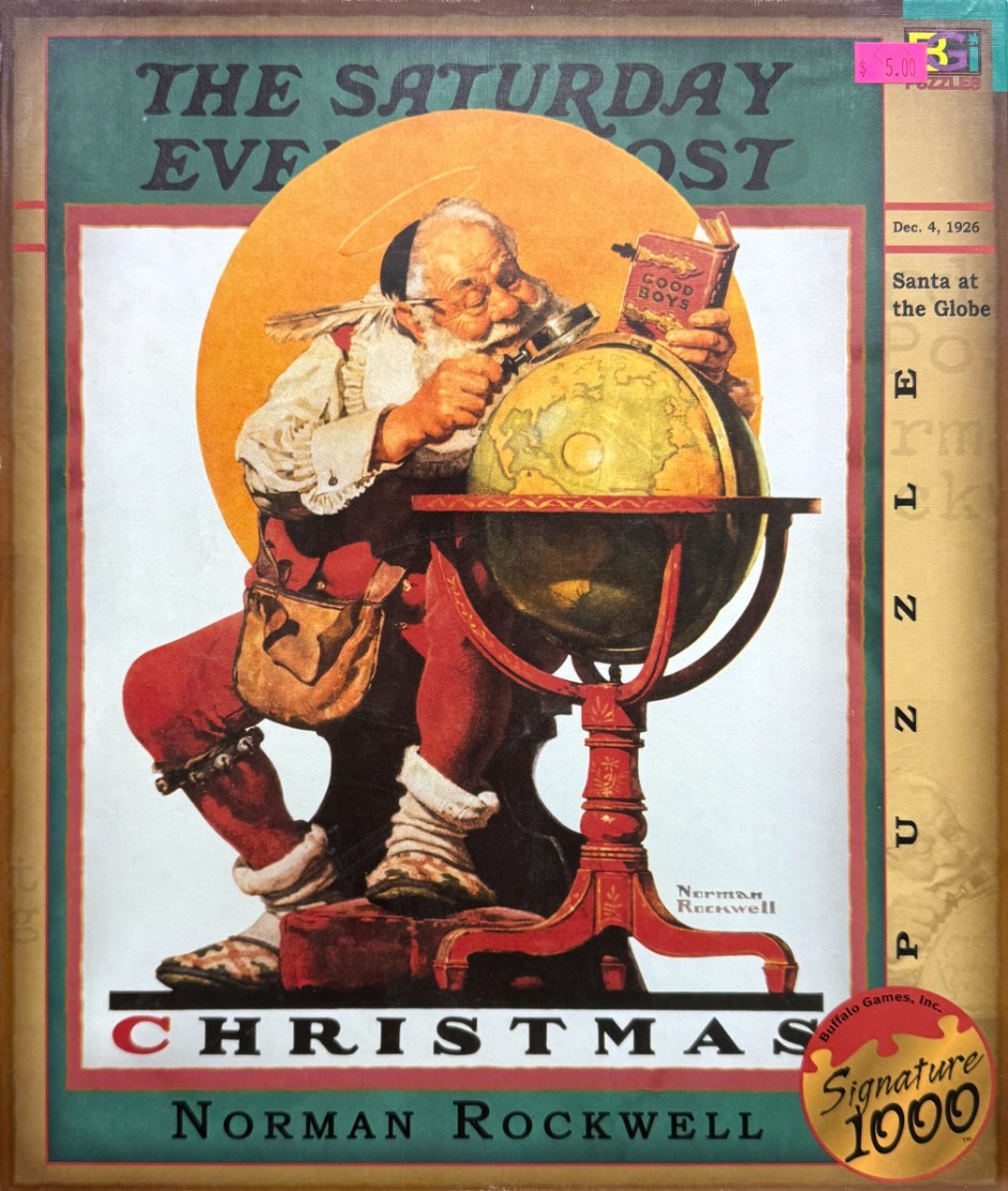 Norman Rockwell illustration of Santa Claus examining a globe with a magnifying glass.