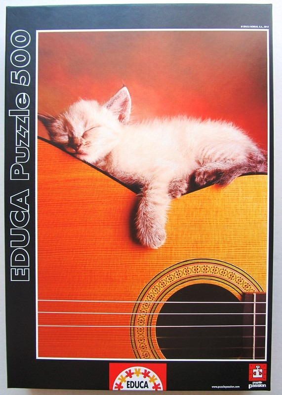 A fluffy, light-colored kitten sleeping peacefully on the body of an acoustic guitar.