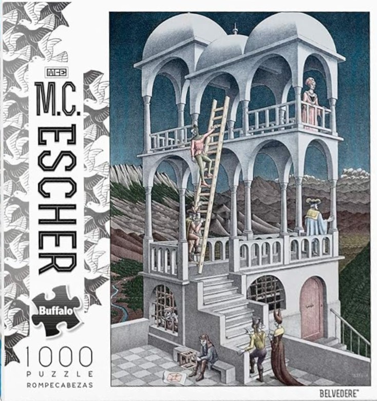M.C. Escher's Belvedere, an impossible architecture lithograph featuring a multi-level structure and people in medieval garb.
