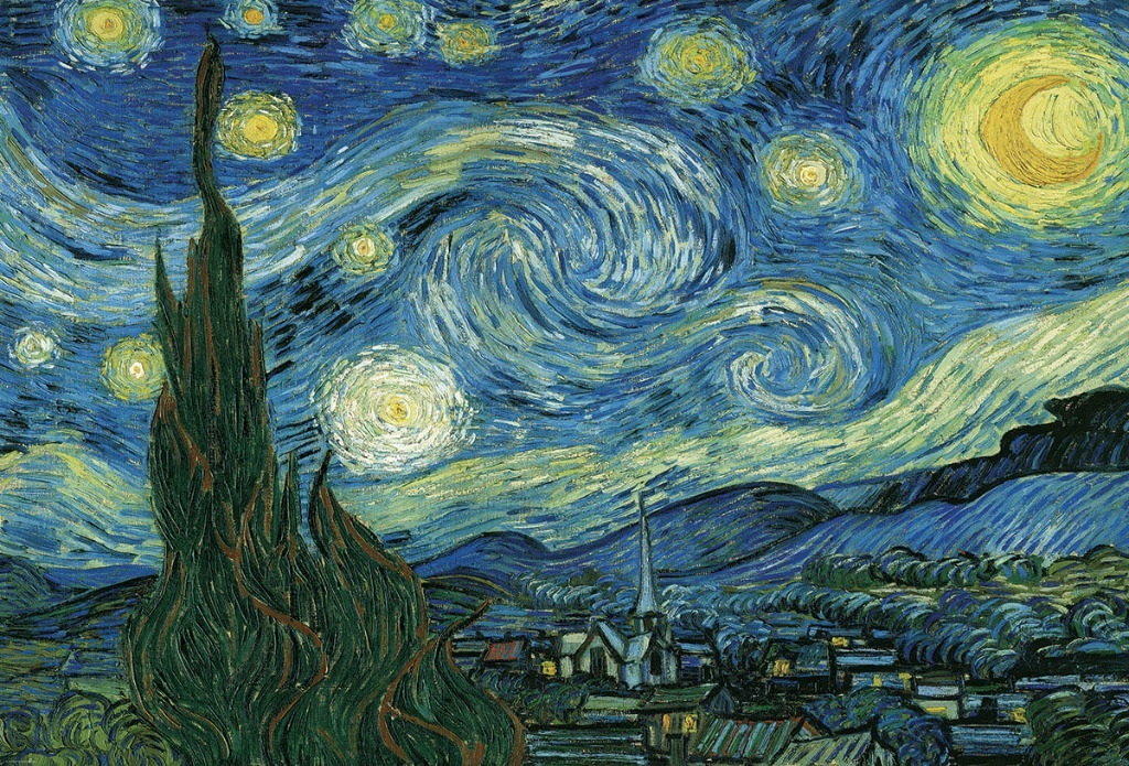 A swirling night sky above a sleeping village with a large dark cypress tree in the foreground.
