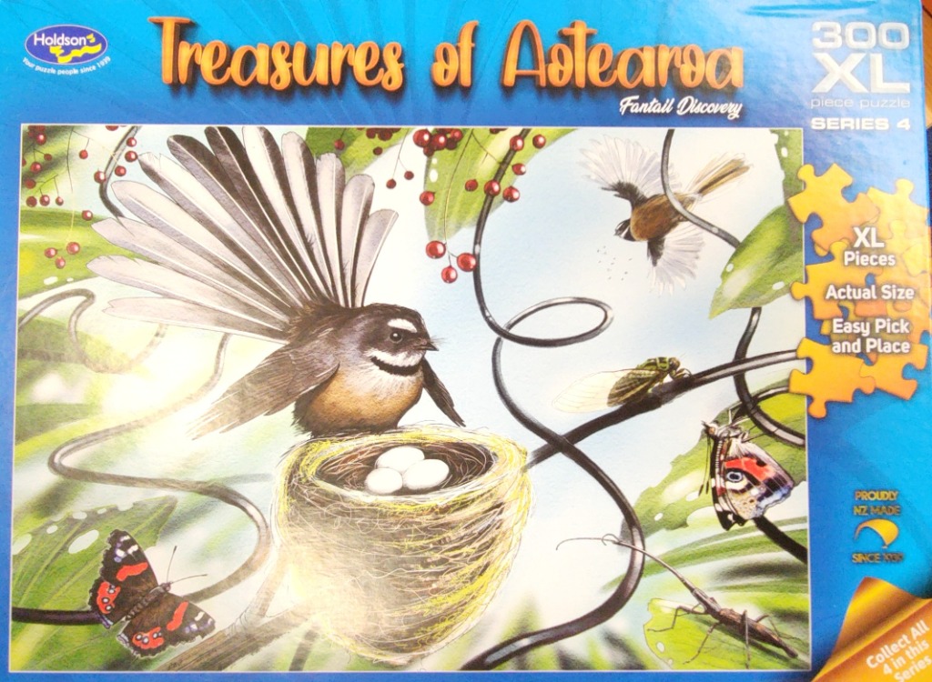 Illustration of a fantail bird at its nest with insects and butterflies in a forest setting.
