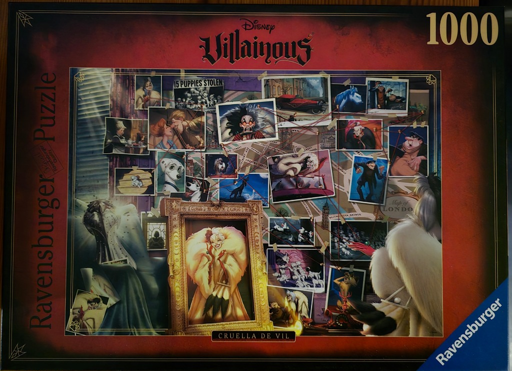 A collage of photos and a portrait of Cruella de Vil connected by red strings over a map of London.