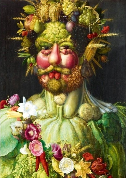 A portrait head and shoulders constructed entirely from assorted fruits, vegetables, and flowers against a dark background.