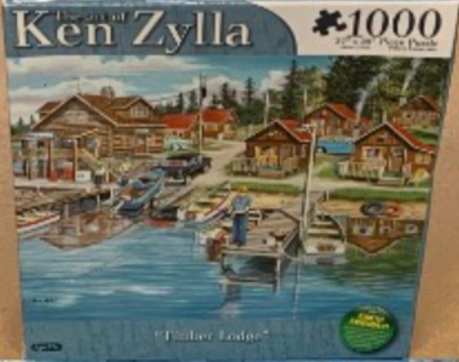 A nostalgic painting of a lakeside lodge resort with cabins, docks, and boats on a sunny day.