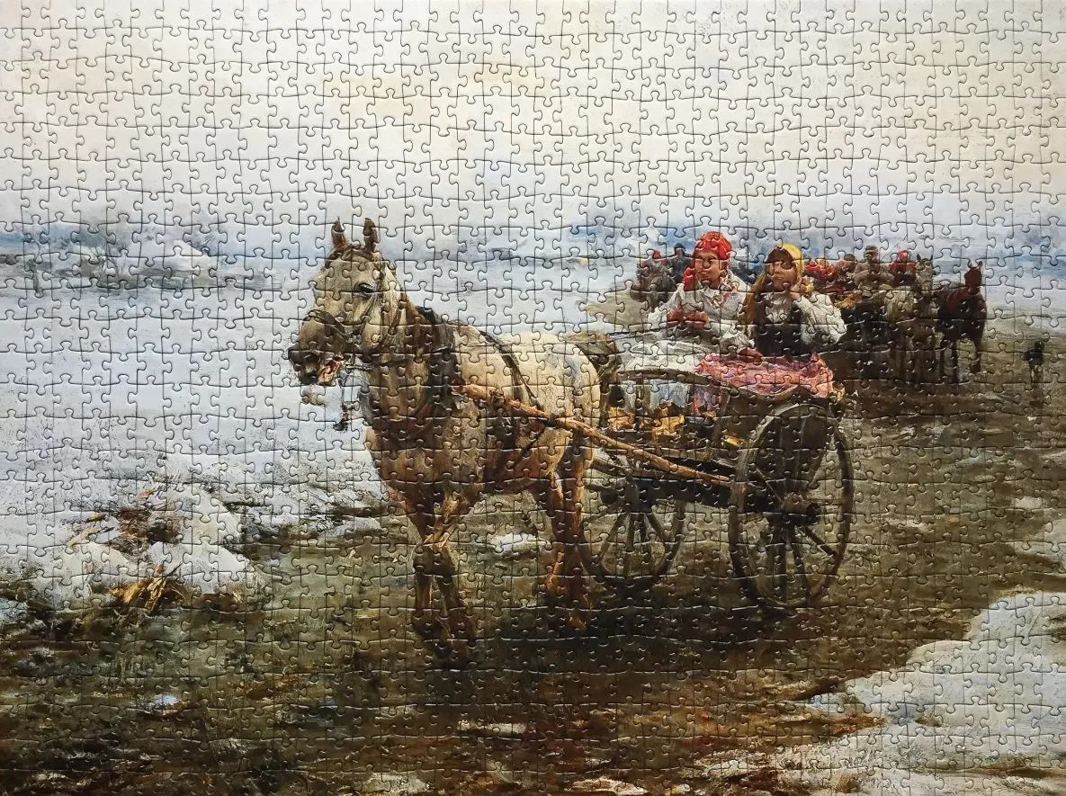 Oil painting of a horse-drawn cart with two women in traditional dress traveling through a snowy, muddy landscape.