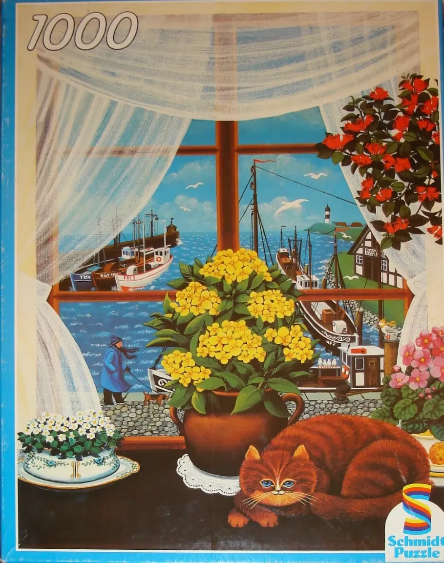 A cozy windowsill scene featuring a ginger cat, yellow flowers, and a view of a busy harbor with boats.