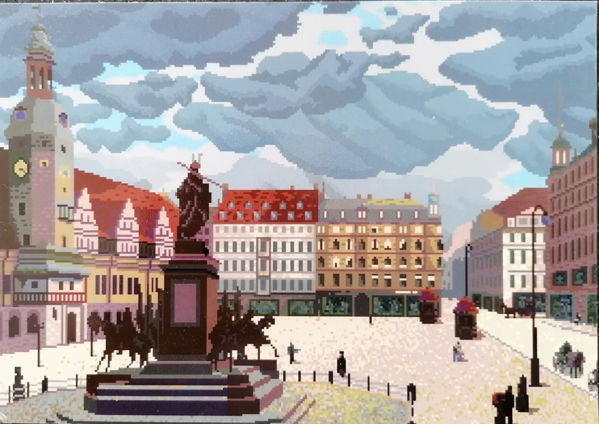 A pixel art style depiction of a European city square with a central equestrian statue under a dramatic, cloudy sky.