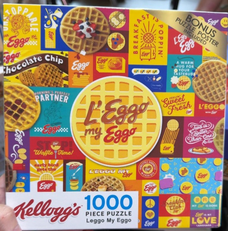 A collage of various waffle illustrations and slogans in bright primary colors.