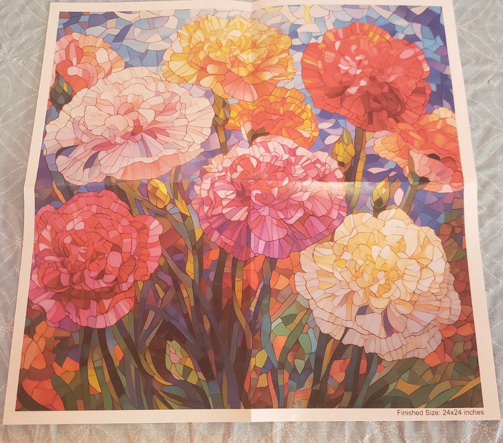 Stained glass style illustration of colorful carnations in pink, yellow, and orange.
