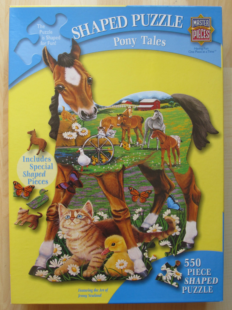 A shaped illustration of a brown foal silhouette filled with farm animals including kittens, ducks, and other horses.