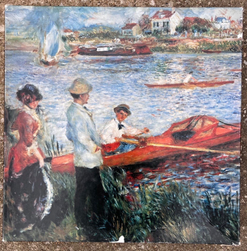 Impressionist painting of people standing on a riverbank beside a small red rowboat.