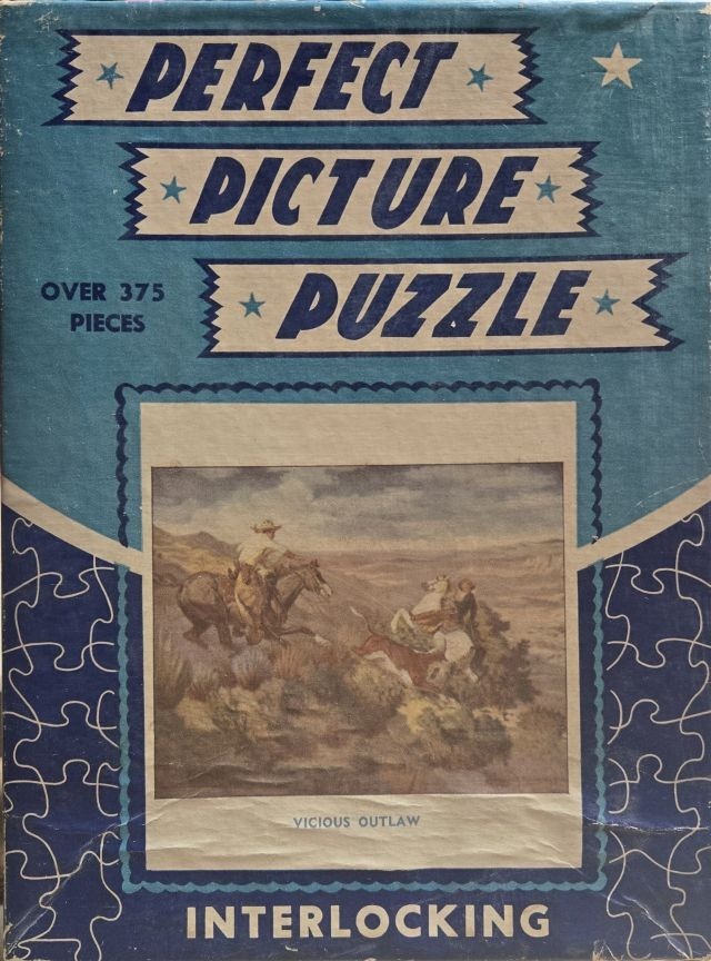 An illustration of a cowboy on horseback confronting a wild horse in a dusty Western landscape.