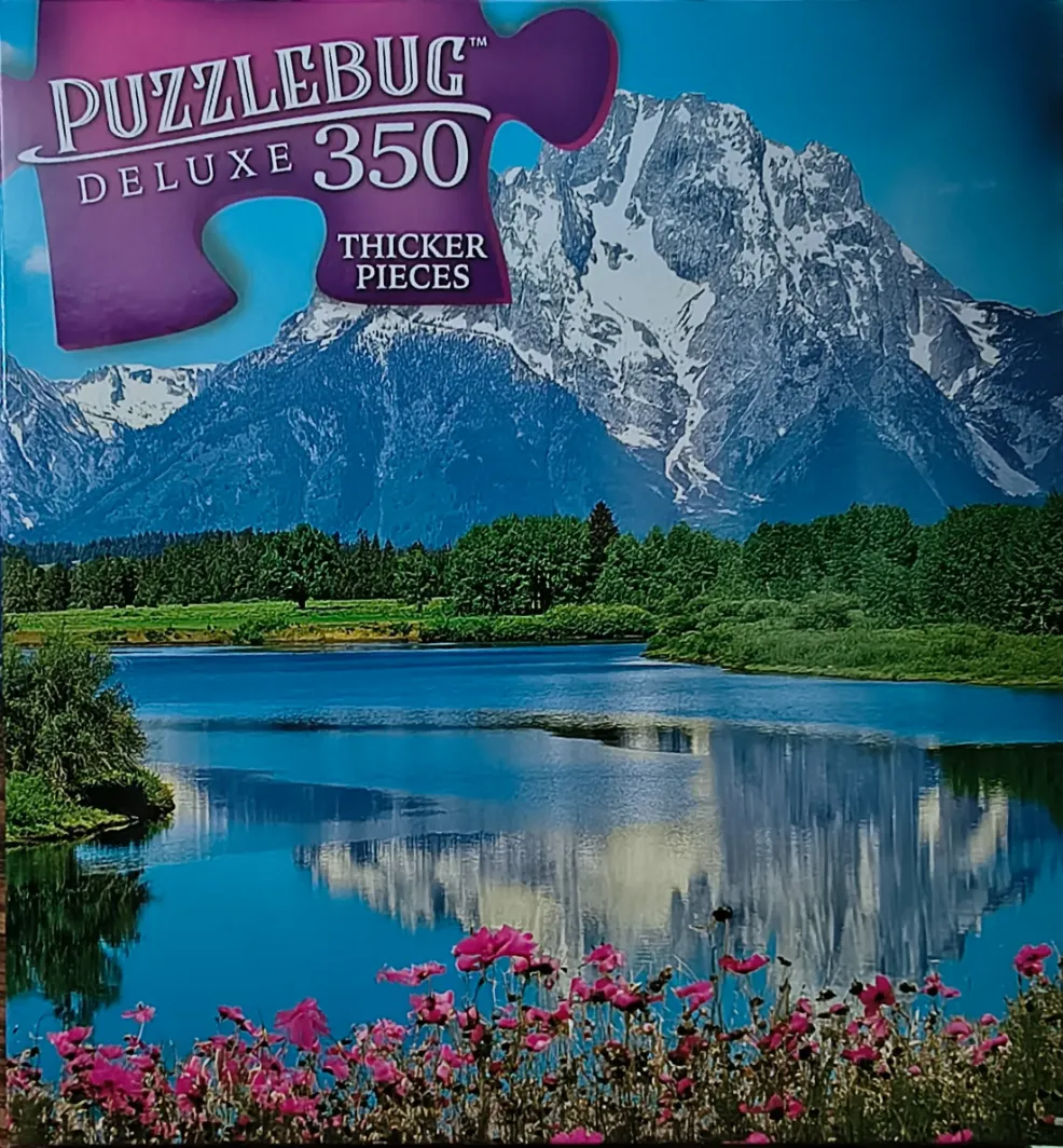 A clear mountain lake reflecting a snow-capped peak behind a field of pink wildflowers.