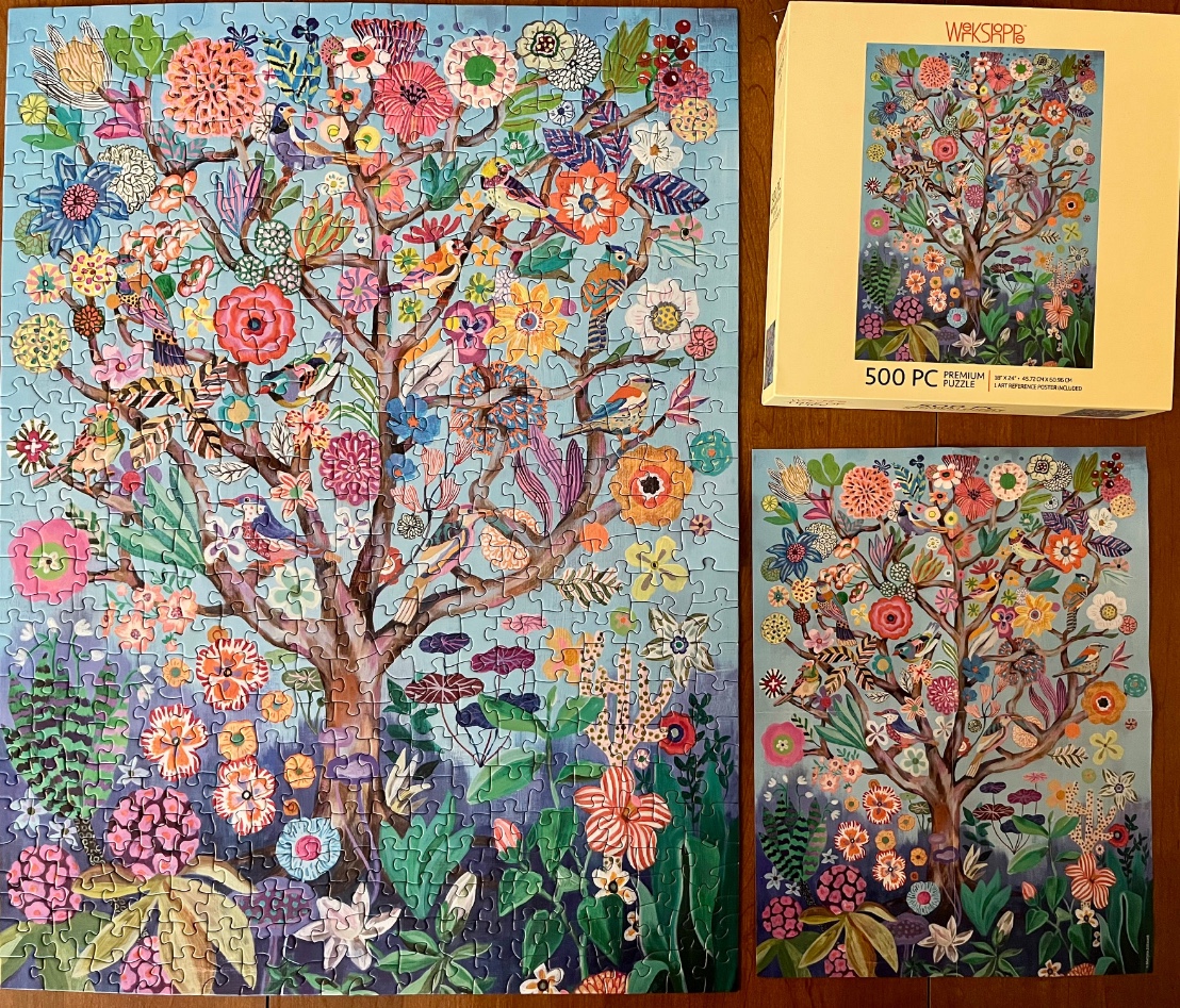 A whimsical illustration of a flowering tree filled with colorful birds against a pale blue sky.