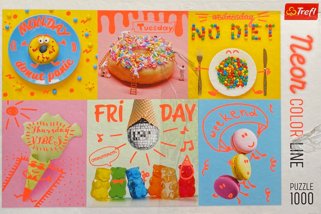 A whimsical collage of six bright, playful panels representing days of the week with sweet treats and creative drawings.