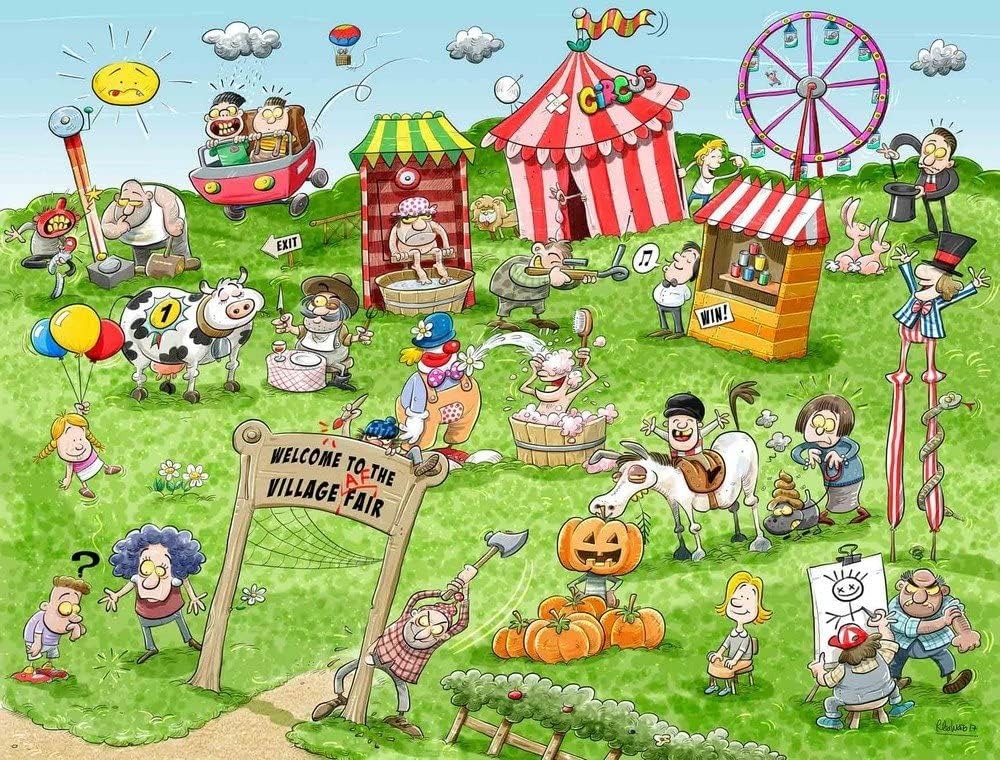 A chaotic, humorous cartoon illustration of a busy village fair with quirky characters and activities.