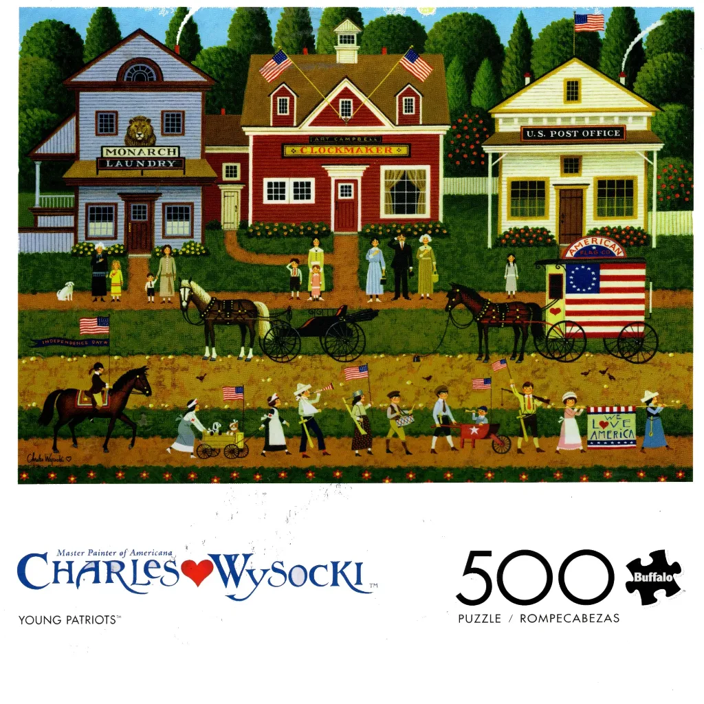 Folk art scene of a small-town Fourth of July parade with horse-drawn carriages and children carrying flags.