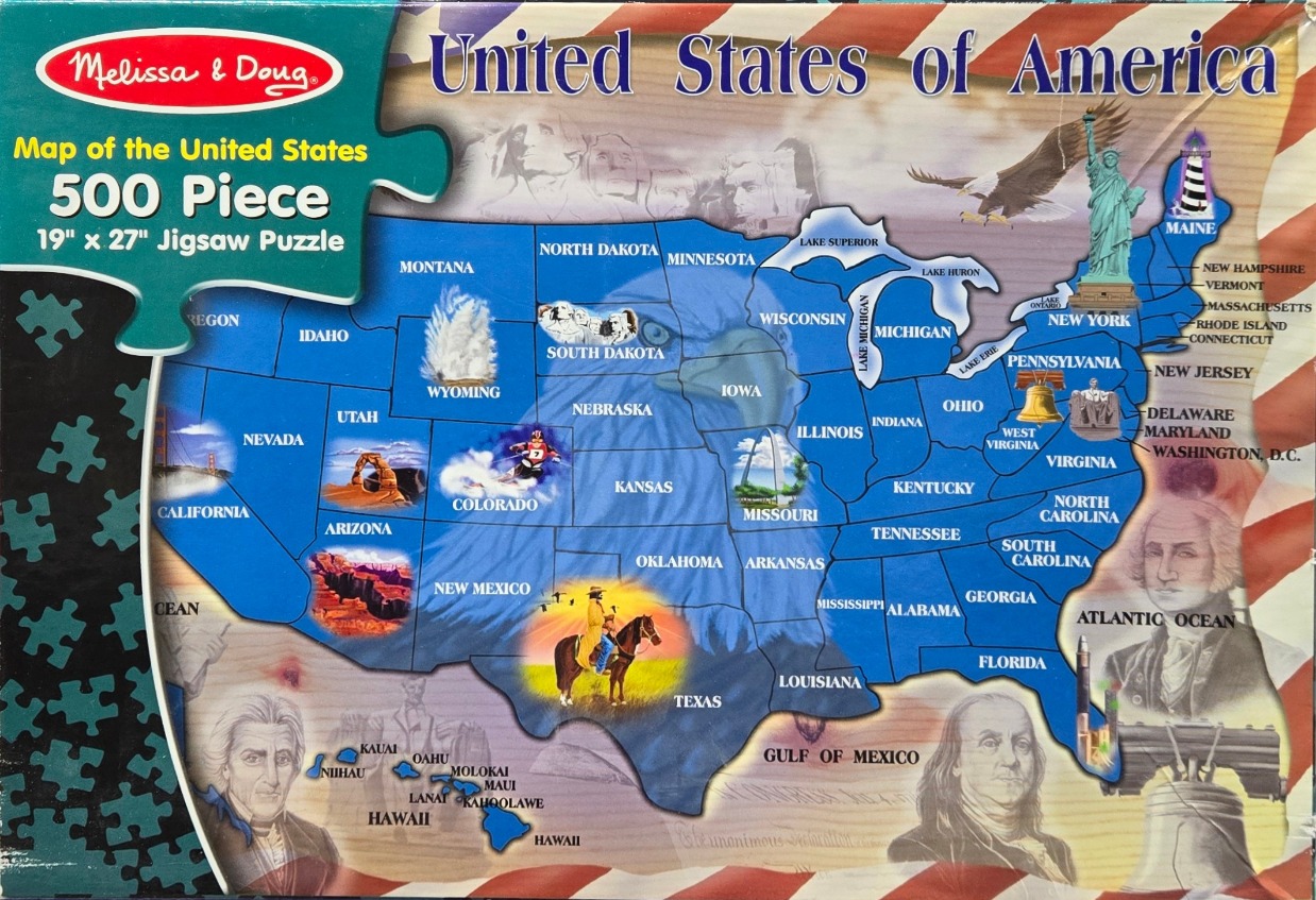 Educational map of the United States featuring an overlay of a bald eagle and various national landmarks.