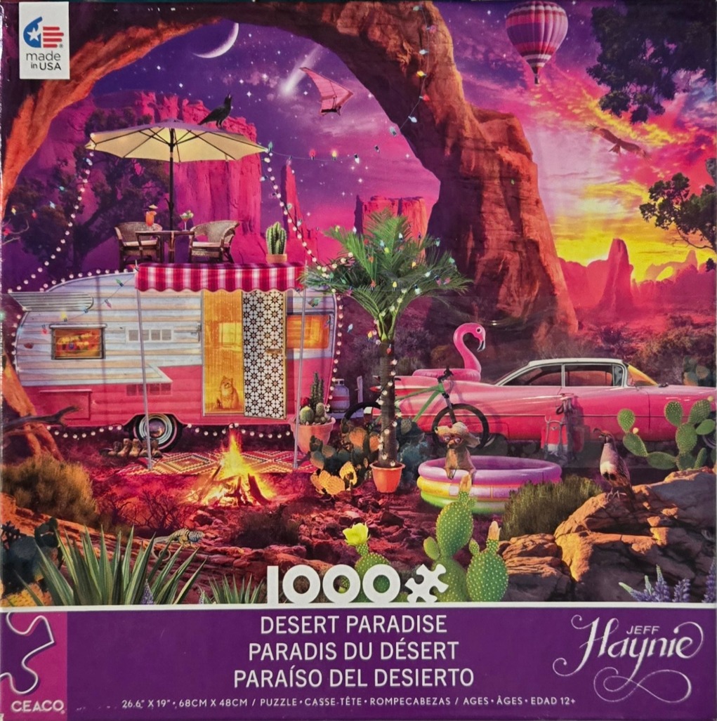 A whimsical desert scene featuring a vintage pink camper, a classic car, and a campfire under a starry sunset sky.