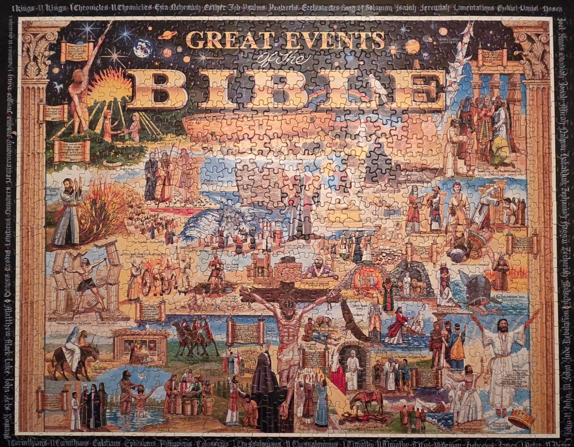 A collage illustration depicting major scenes from the Bible, framed by book titles and classical pillars.