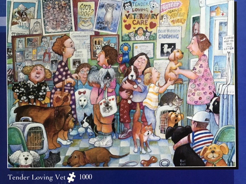 A crowded veterinary waiting room scene filled with various people and dogs, cats, and other pets.