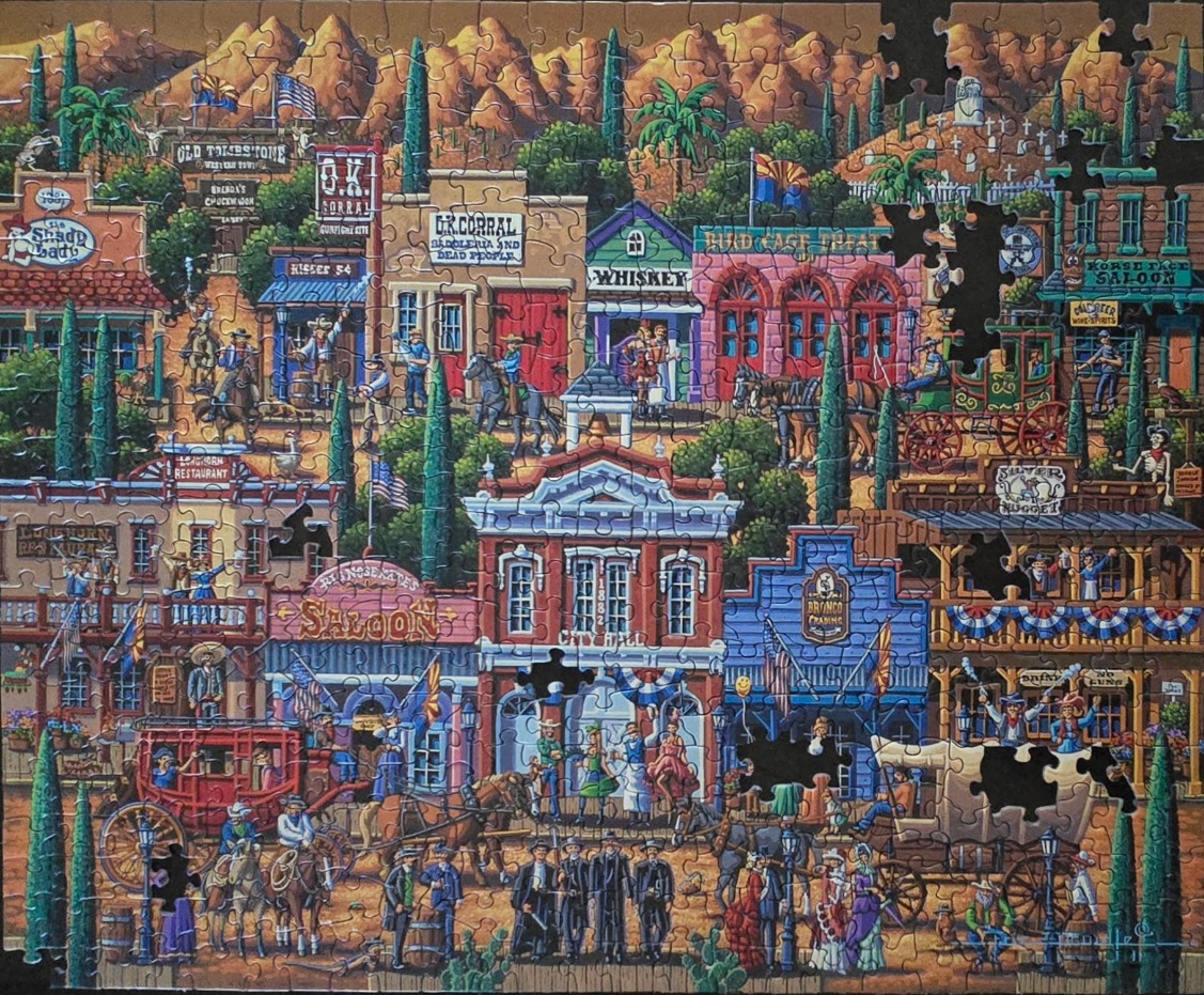 Illustration of the historic O.K. Corral in Tombstone with Wild West buildings and characters.