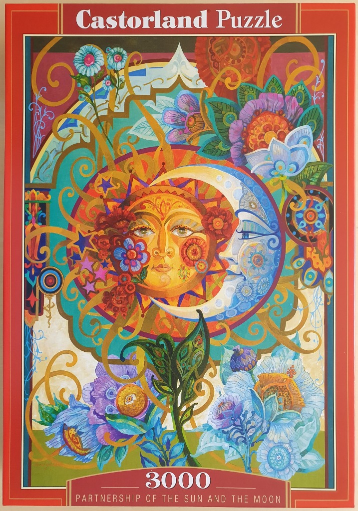A vibrant, illustrative painting of a stylized, personified sun and crescent moon intertwined amidst floral patterns.