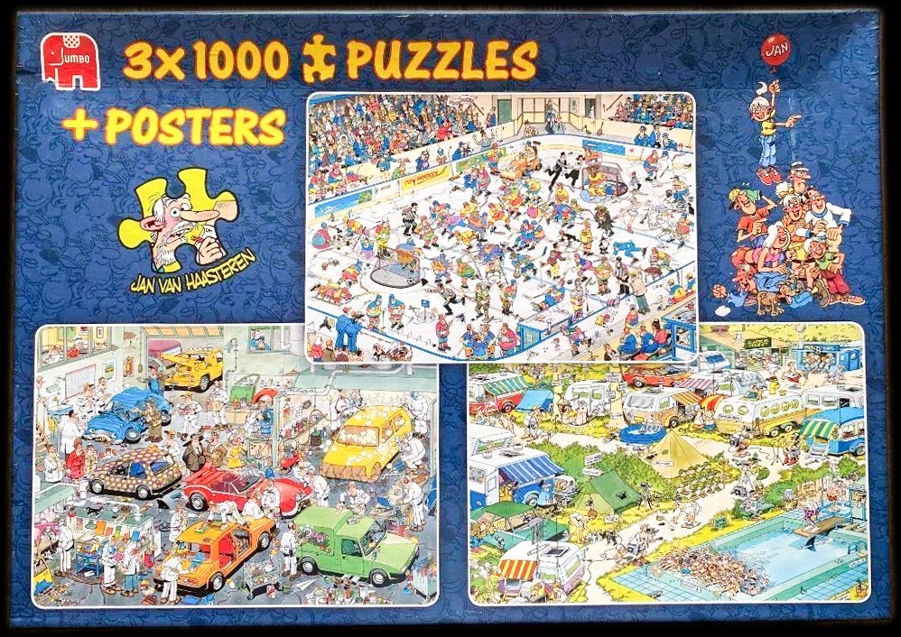 Three humorous cartoon scenes by Jan van Haasteren featuring an ice hockey game, a car garage, and a campsite.