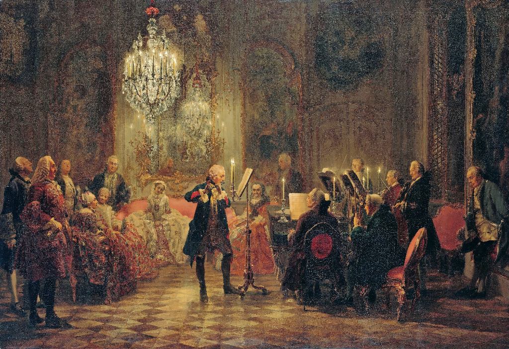 An 18th-century noble gathering in a candlelit room watching a flute performance.