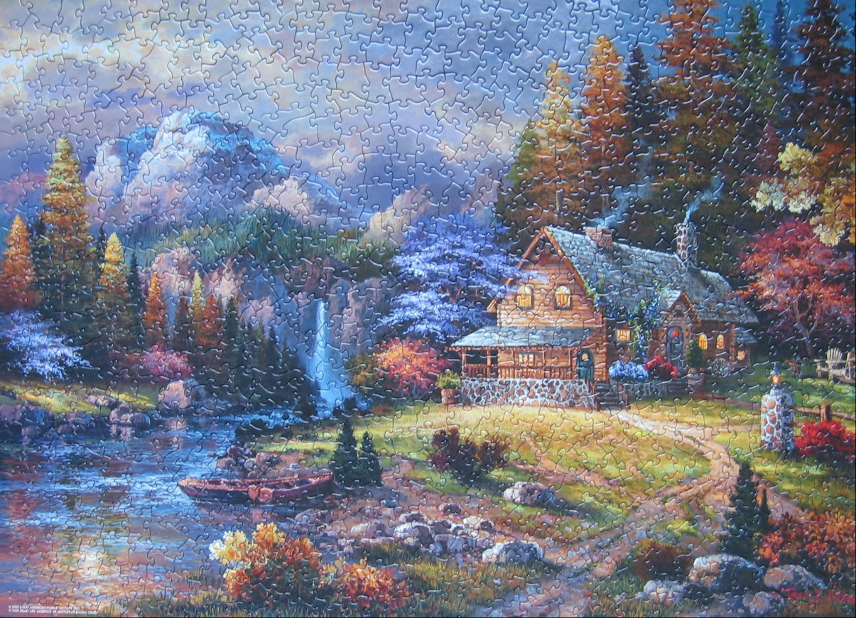 A cozy mountain cabin nestled by a lake, waterfall, and autumn forest under a moody sky.