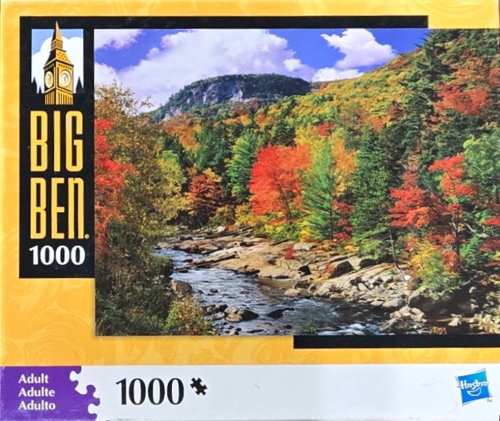 A scenic landscape photograph of a stream flowing through a forest with vibrant autumn foliage and a mountain background.