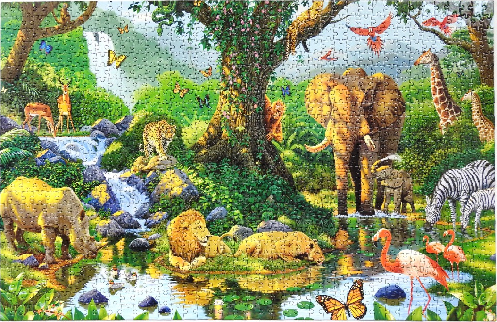 A lush jungle scene filled with diverse wildlife including an elephant, lion, rhino, giraffe, and zebra around a waterfall.
