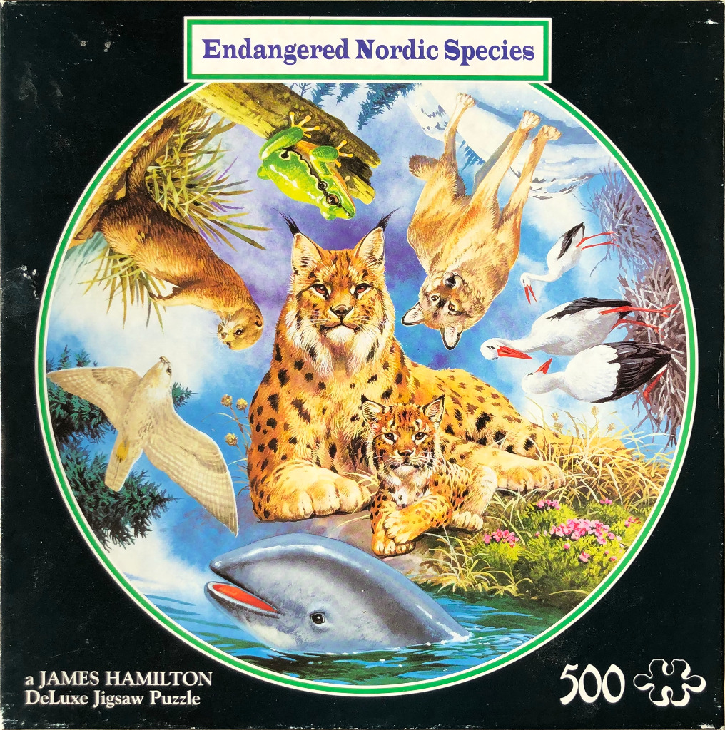 Illustration of various Nordic animals including a lynx, a dolphin, birds, and an otter arranged in a circle.