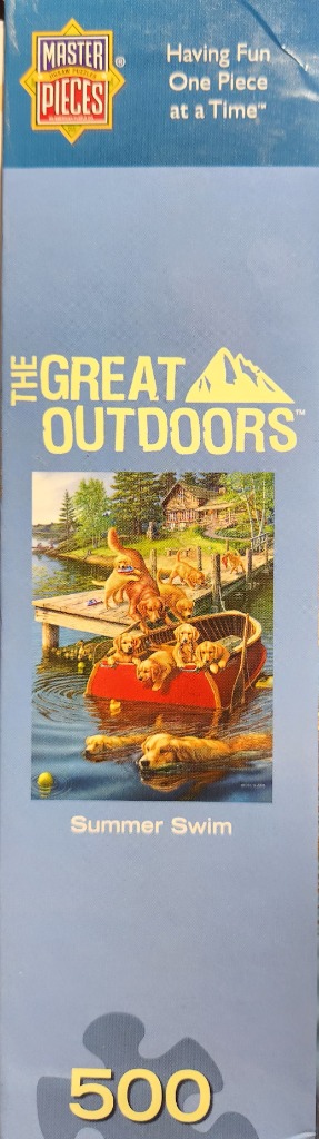 Golden retriever puppies playing in a red canoe and water.