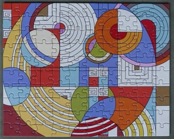 Abstract geometric art featuring overlapping circles, arcs, and rectangular patterns in a vibrant, retro color palette.