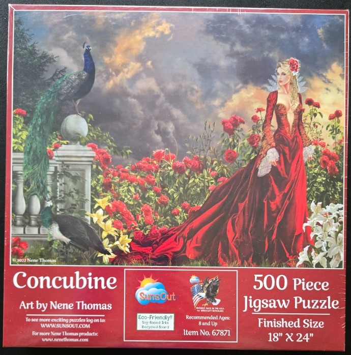 A fantasy illustration of a woman in a red gown standing in a rose garden with two peacocks under a stormy sky.