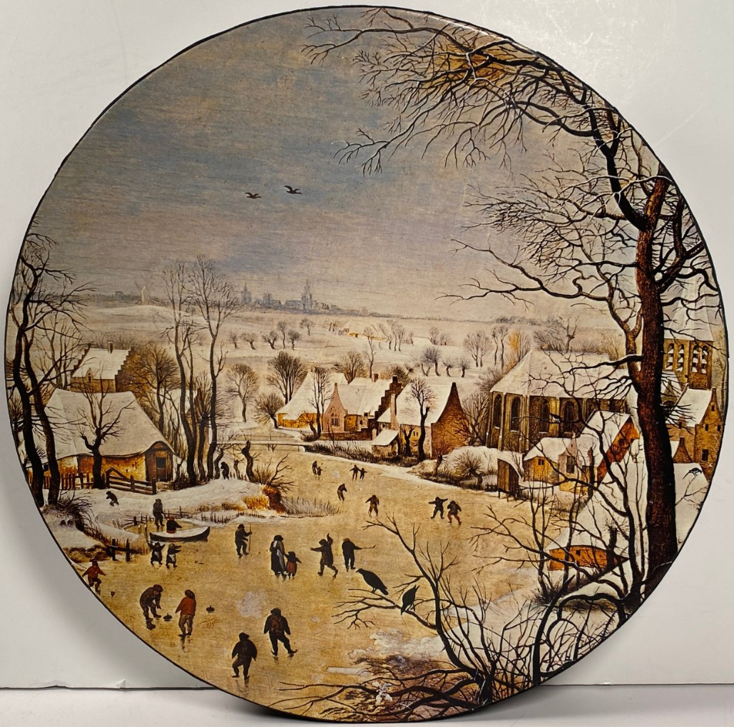 A circular winter landscape painting of a frozen village scene with figures ice skating.