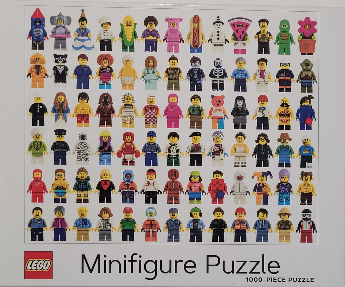Grid of diverse colorful LEGO minifigures in costumes, uniforms, and casual outfits on a white background.