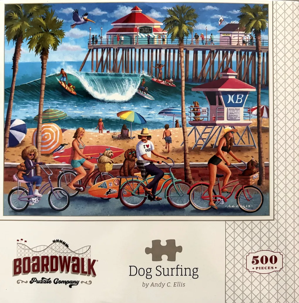 A sunny beach scene with people and dogs riding bicycles, with surfers and a pier in the background.