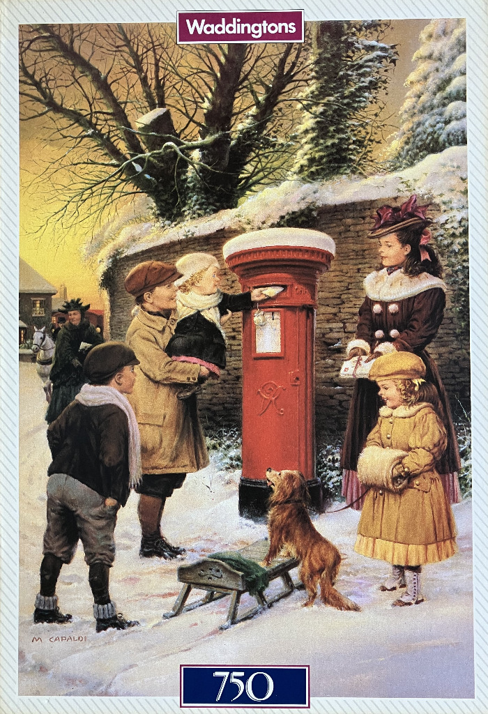 A nostalgic winter scene of a family mailing letters at a traditional red postbox in the snow, painted by M. Capaldi.