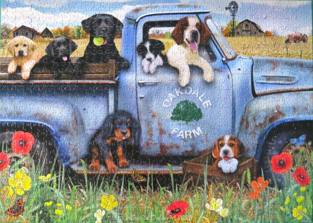 Six dogs inside and around a rustic blue vintage farm truck in a field of wildflowers.