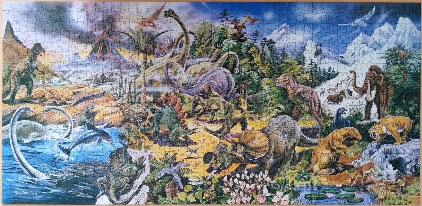 A dense prehistoric landscape painting featuring many species of dinosaurs and mammals in diverse habitats.