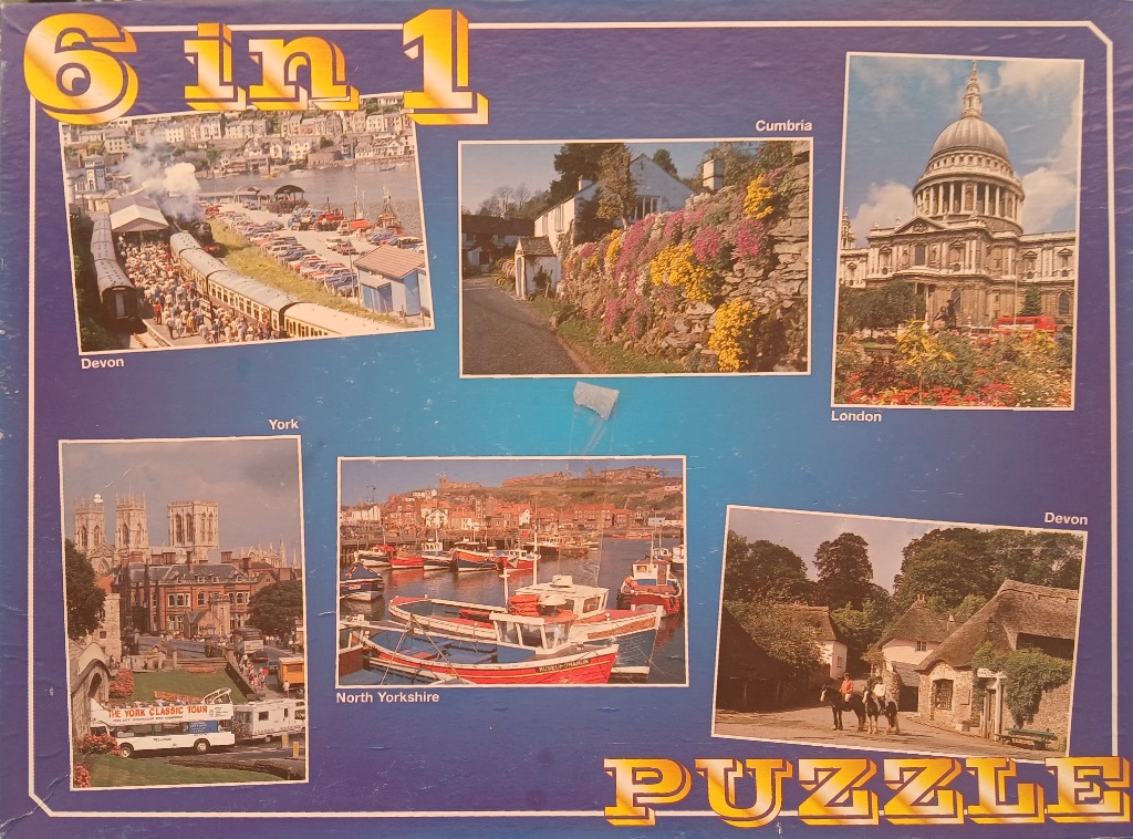 A collage of six scenic photographs of various English landscapes and landmarks against a deep blue background.