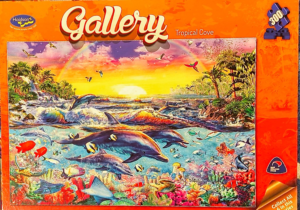 Tropical coastal scene featuring dolphins leaping above waves and a vibrant coral reef below the water surface.