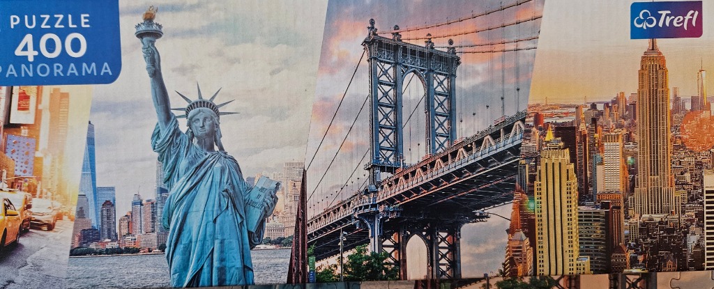 A panoramic collage of New York City landmarks featuring the Statue of Liberty, the Manhattan Bridge, and the skyline.