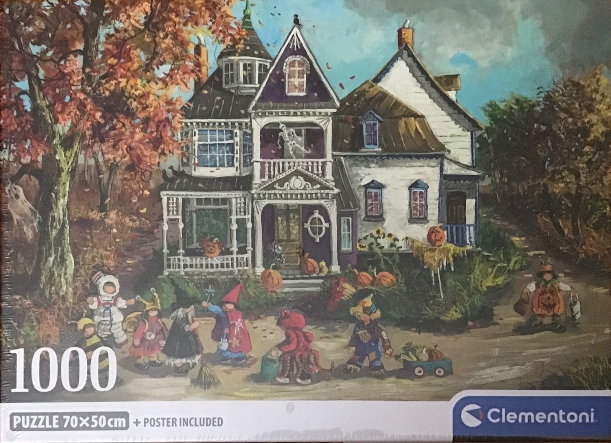 Children in Halloween costumes trick-or-treating in front of an old Victorian house in autumn.
