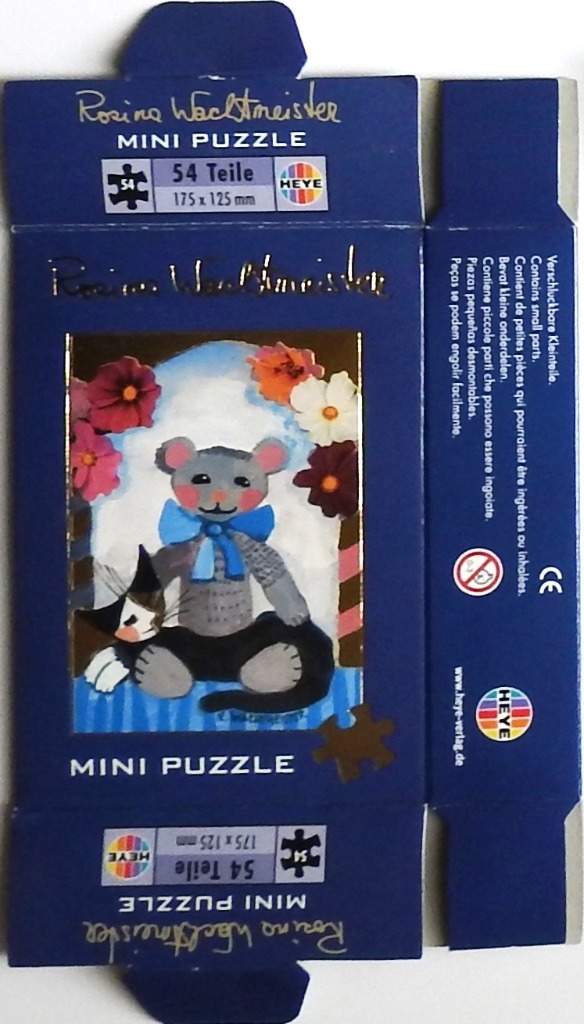 An illustration of a stylized grey teddy bear and a small black and white cat sitting together amidst colorful flowers.