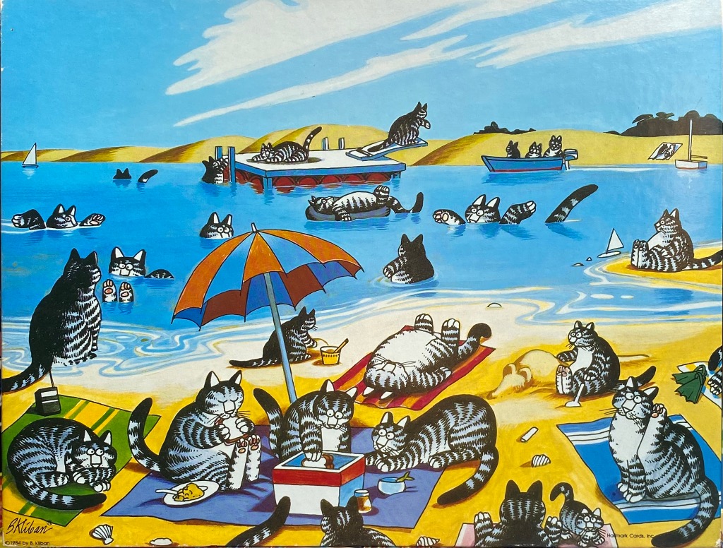 An illustration of many anthropomorphic tabby cats enjoying a beach day with swimming, sunbathing, and picnicking.